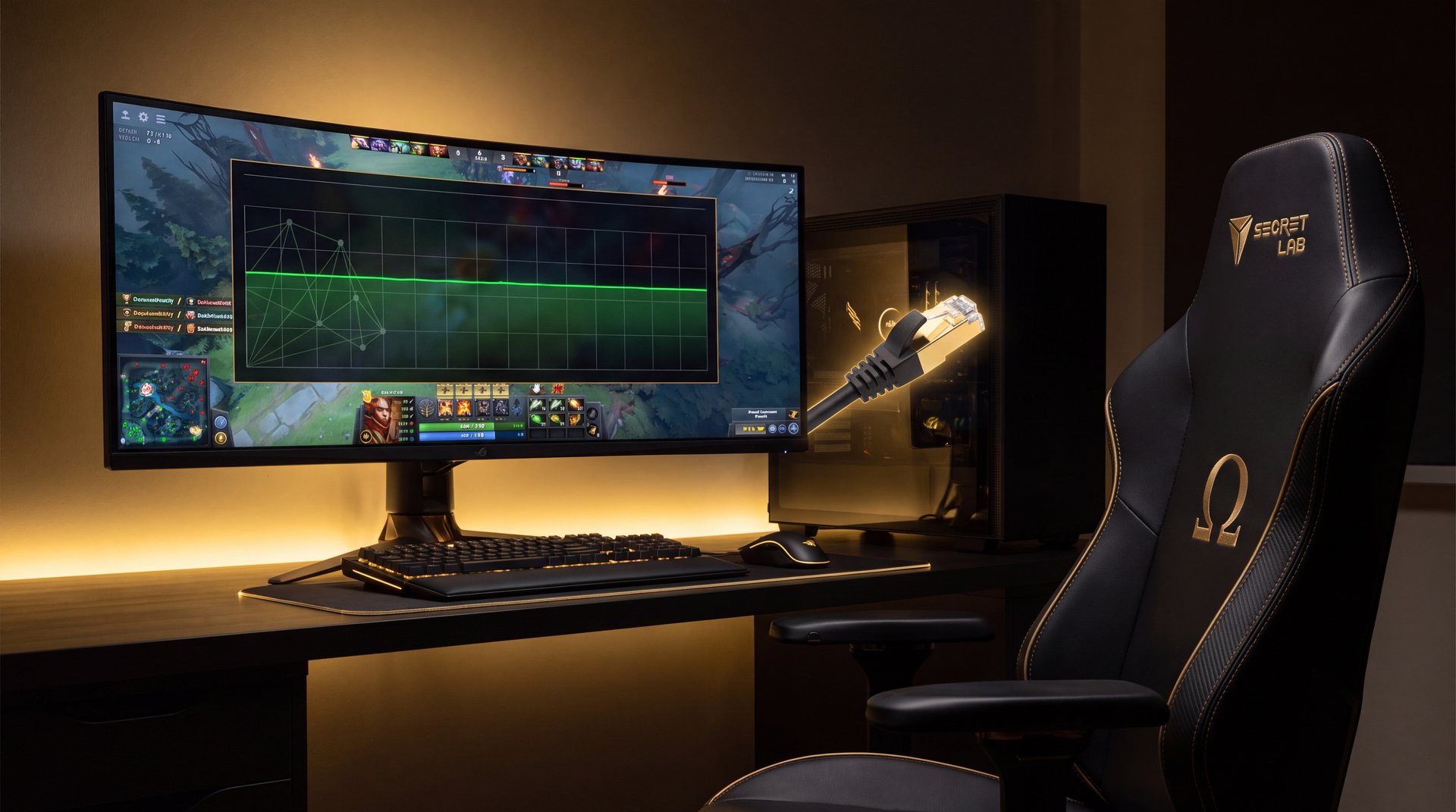 Gaming setup with stable fiber optic internet connection for Dota 2 in Iran