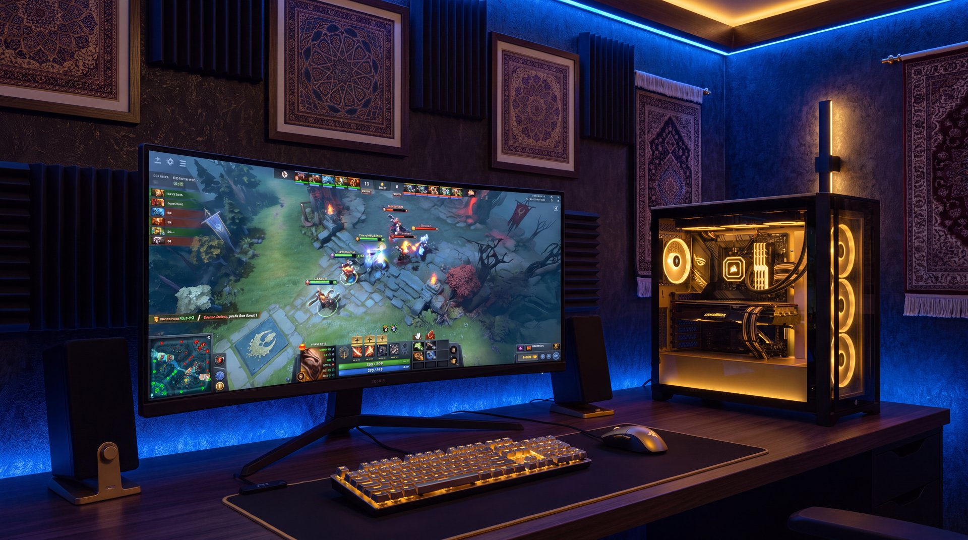 Iranian gamer at computer desk with Steam and Dota 2 running on multiple screens