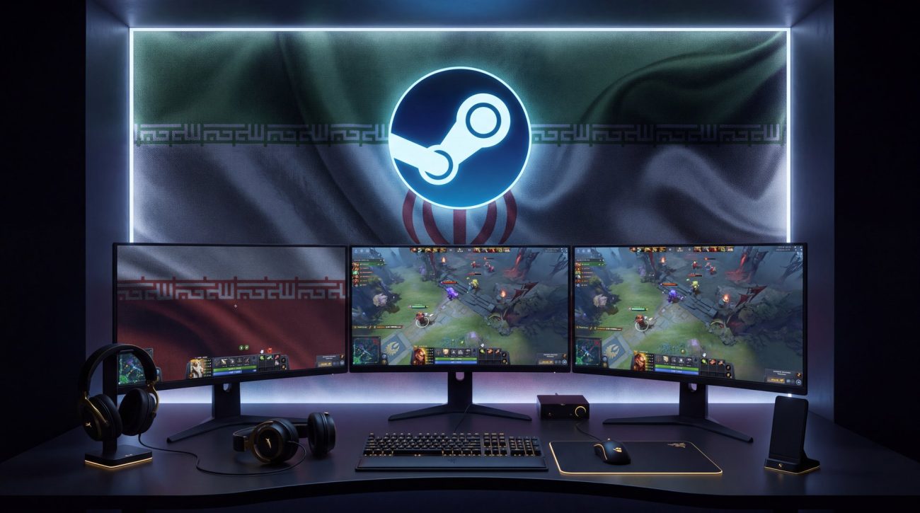 Steam gaming platform setup showing Dota 2 elements for Iranian gamers