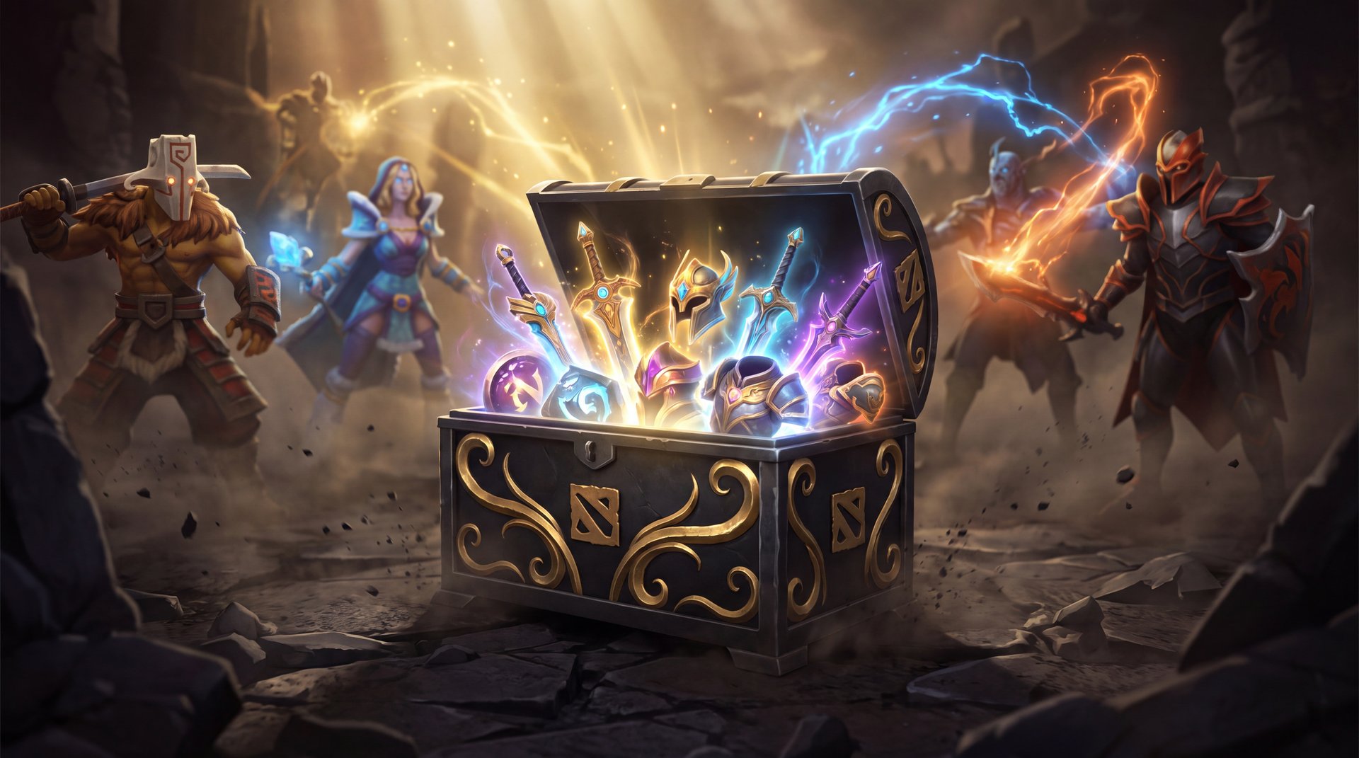 Dota 2 Battle Pass treasure chest with glowing cosmetics and hero silhouettes