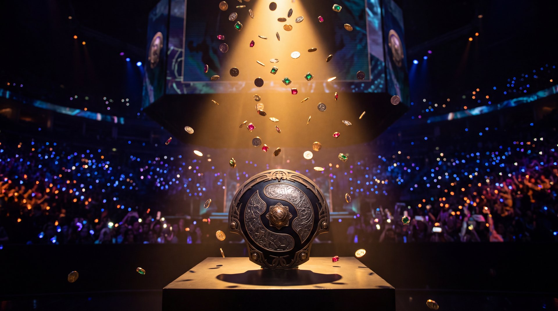 Dota 2 The International prize pool trophy with golden light rays and Aegis of Champions