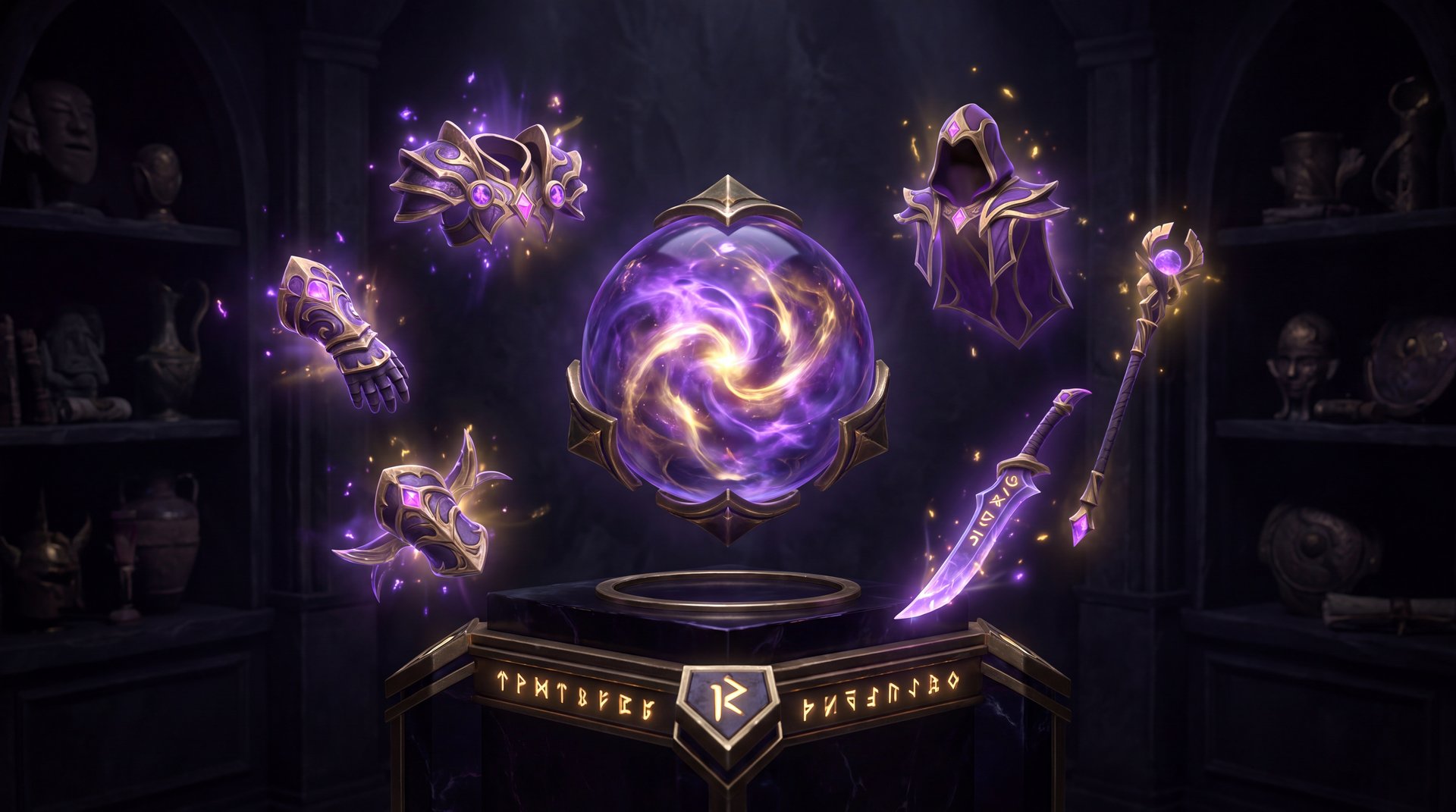 Dota 2 Battle Pass Arcana and cosmetic rewards showcase on dark gold background