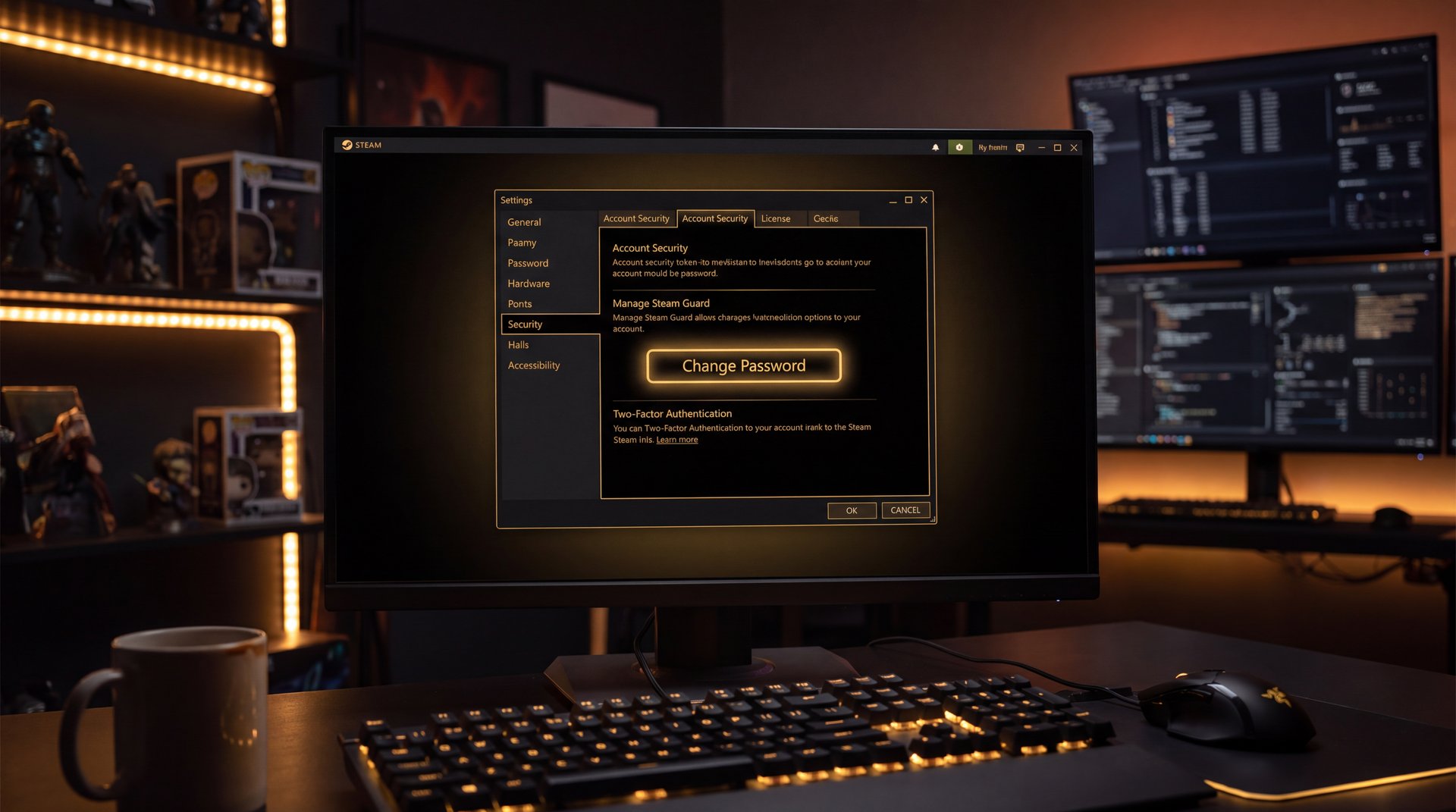 Steam client settings panel showing Security section with Change Password option highlighted