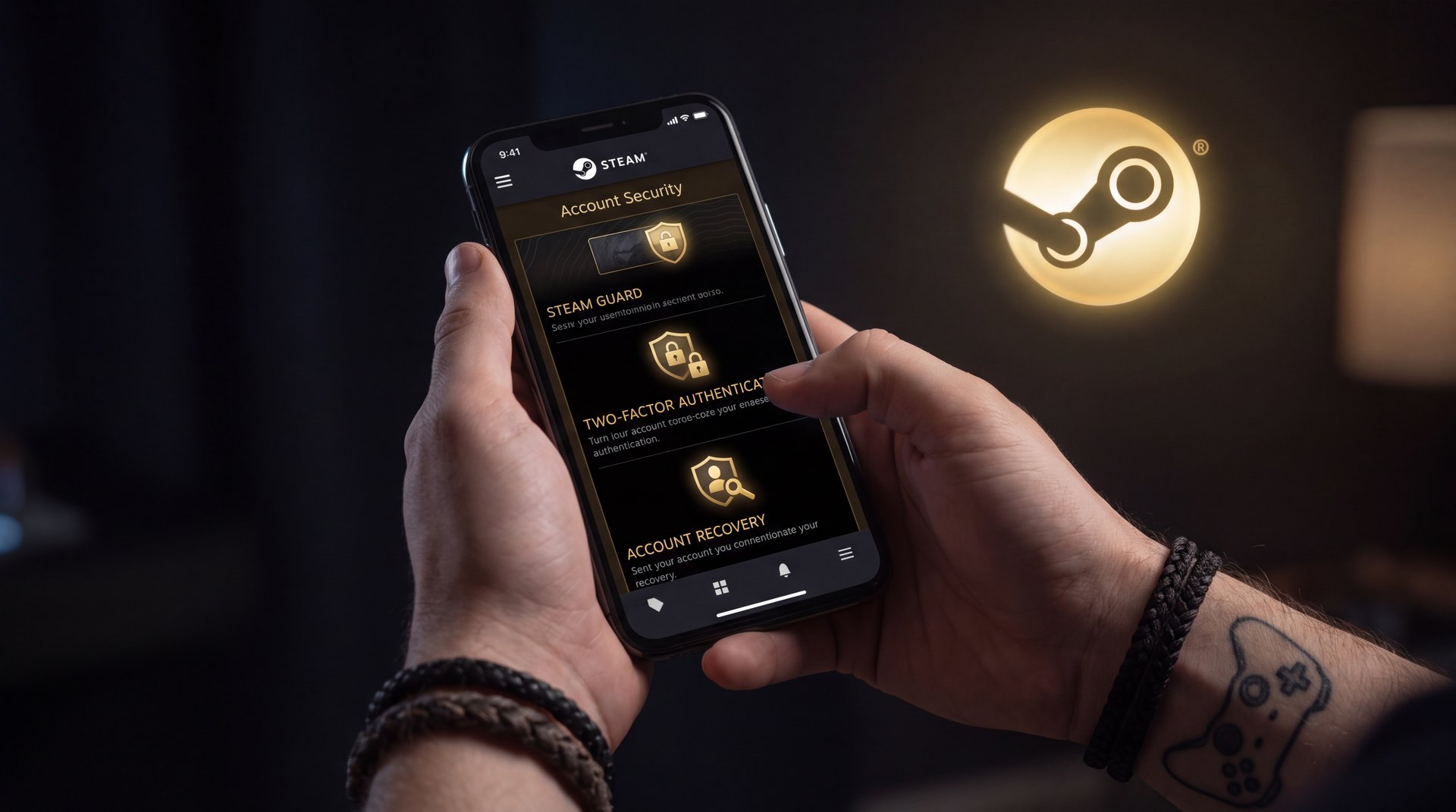 Steam mobile app account security section with change password option on smartphone