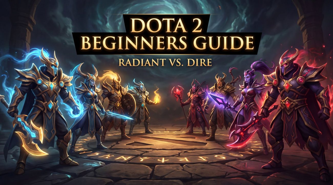 Dota 2 beginners guide Persian - two teams of heroes facing off on dramatic battlefield with gold cinematic aesthetic