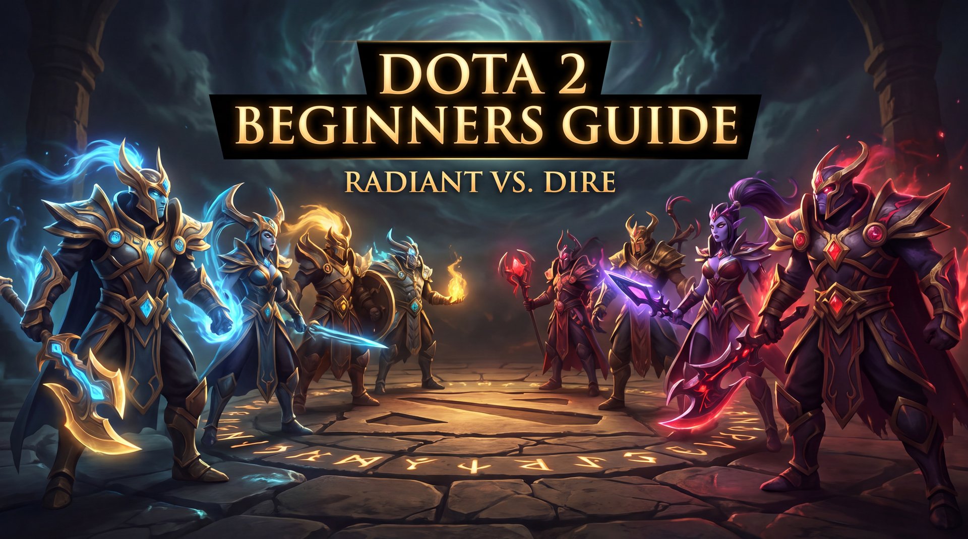 Dota 2 beginners guide Persian - two teams of heroes facing off on dramatic battlefield with gold cinematic aesthetic
