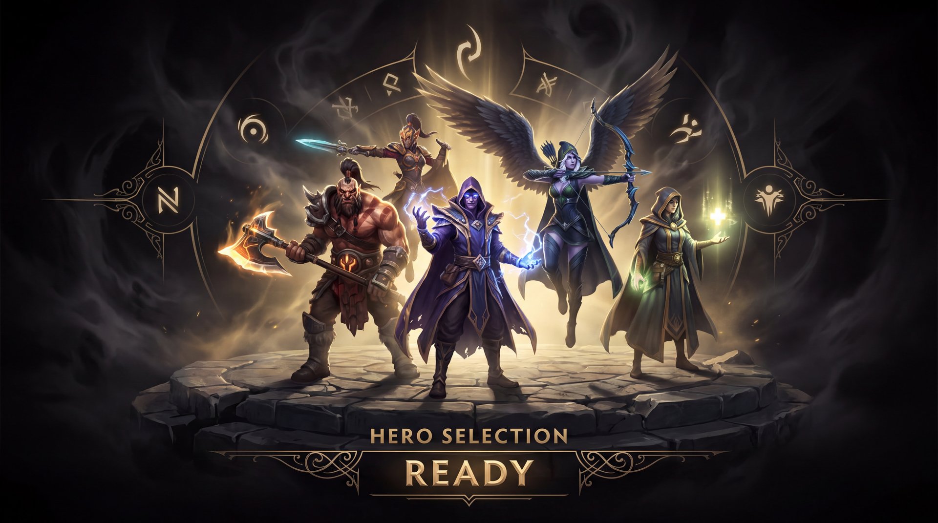 Dota 2 heroes selection screen showing diverse roster of over 120 heroes with gold cinematic aesthetic