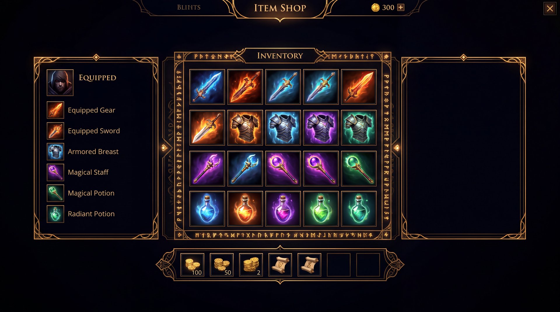 Dota 2 item shop interface showing various categories of items with gold cinematic dark gaming aesthetic