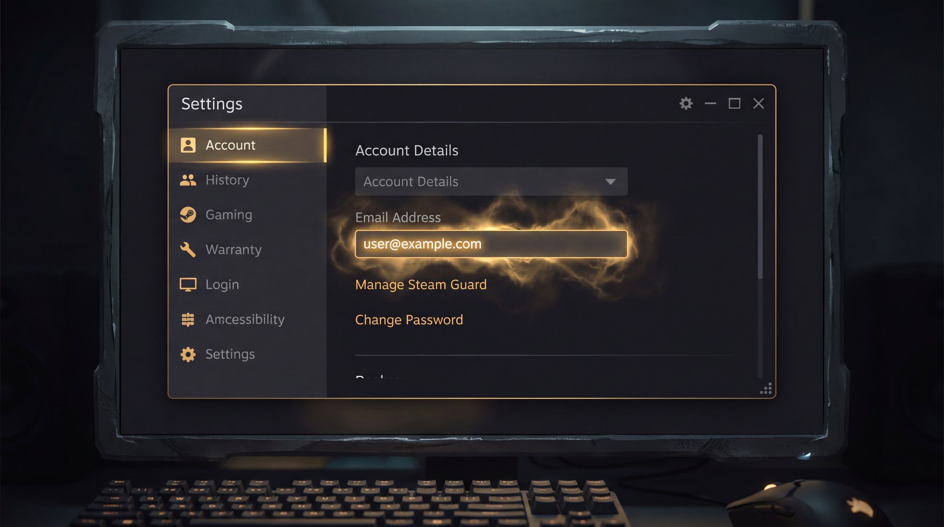 Steam Settings Account tab Contact Info Change Contact Email Address button desktop