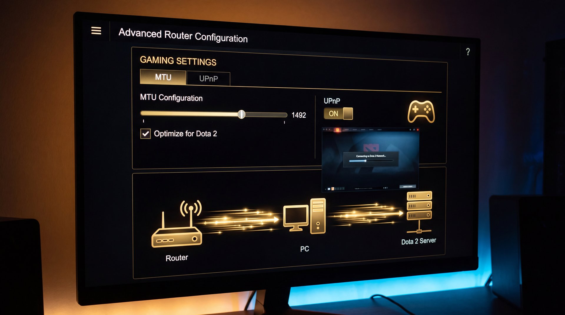 Advanced router settings showing MTU configuration and UPnP for Dota 2 gaming