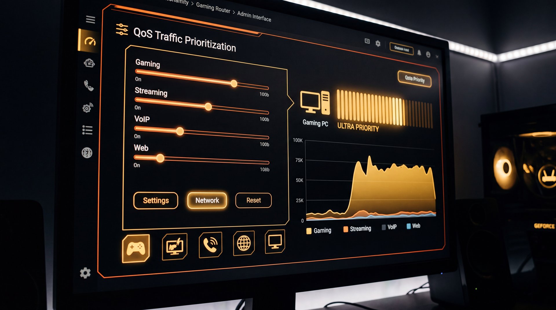 QoS settings configuration showing gaming traffic priority on TP-Link router