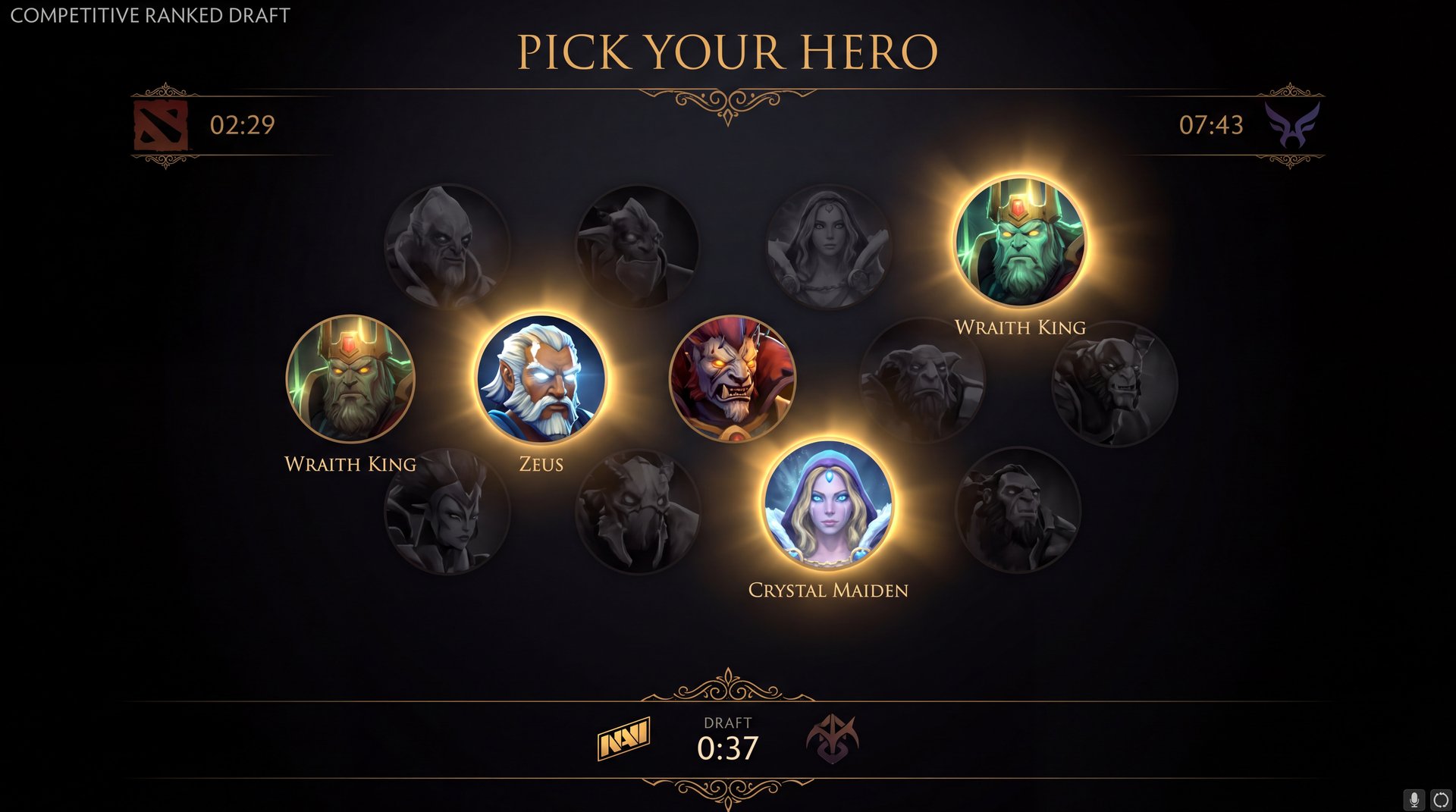 Dota 2 calibration best heroes Wraith King Zeus Lion dark cinematic gold accents