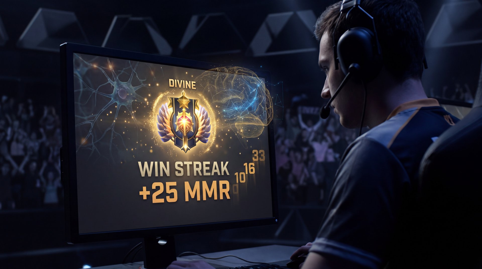 Dota 2 win streak calibration psychology mental game dark cinematic gold rank