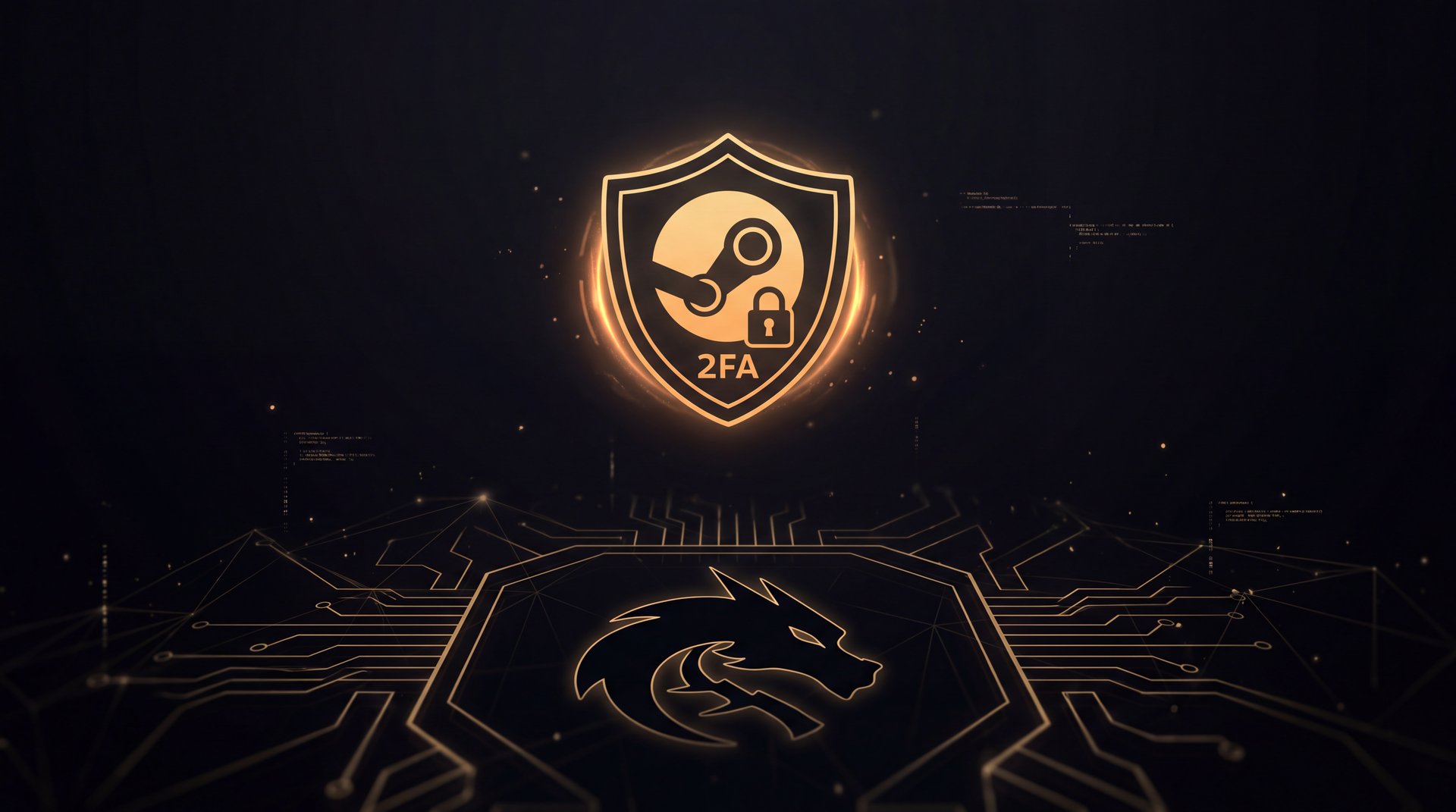 Steam Guard two-factor authentication golden shield security concept on dark gaming background