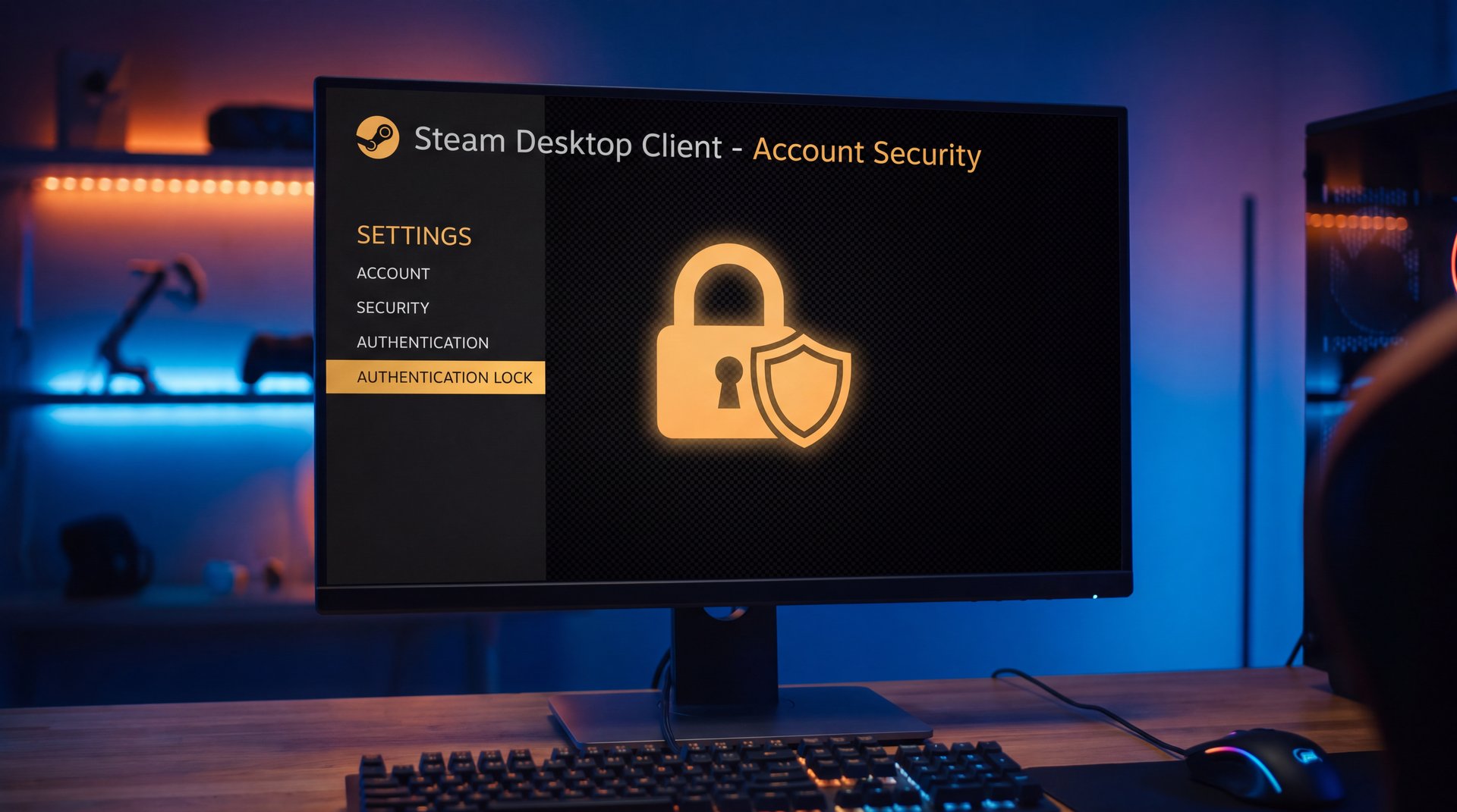 Steam Mobile app on smartphone showing authenticator setup with gold shield icon dark background
