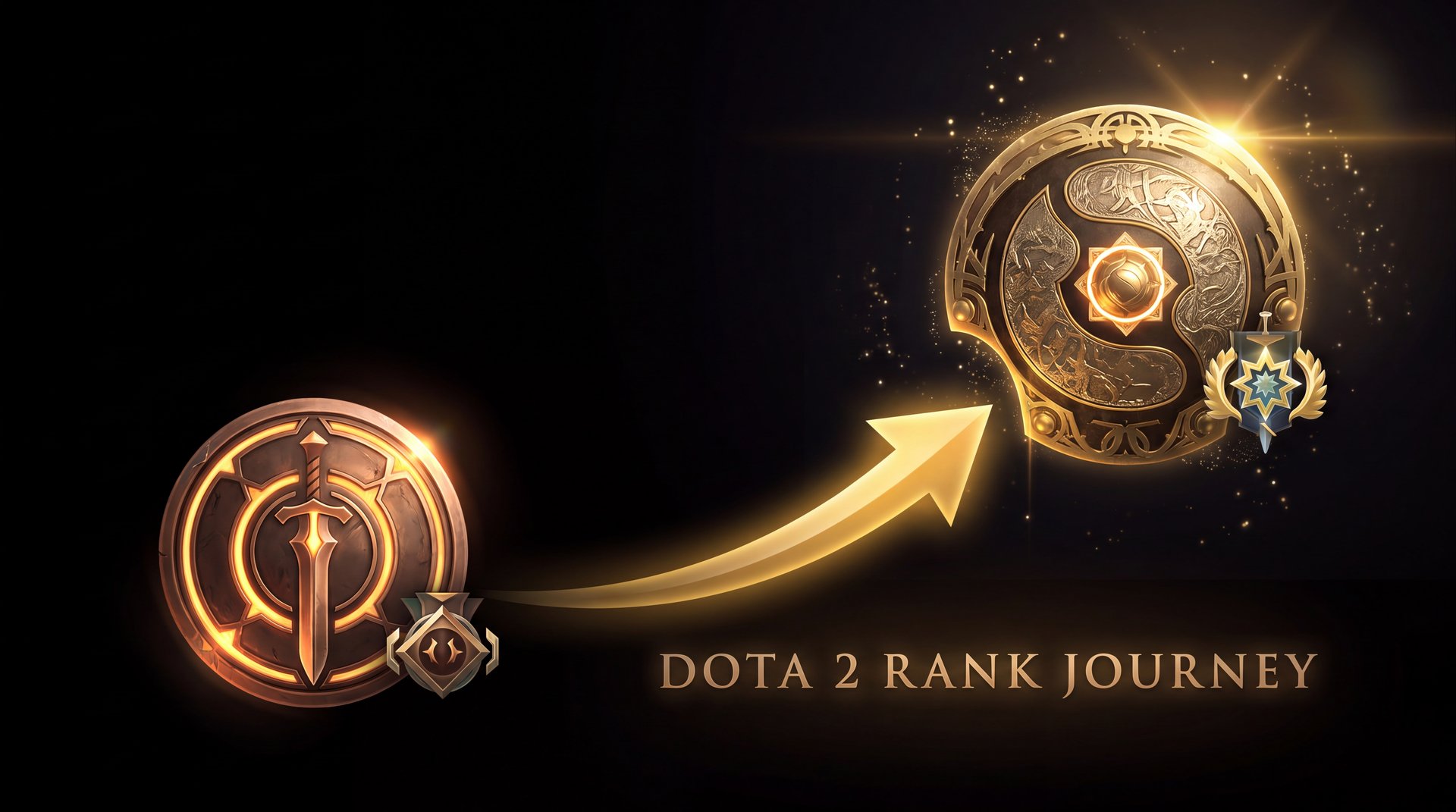 Dota 2 Guardian to Archon rank progression concept art with gold medals and upward arrow