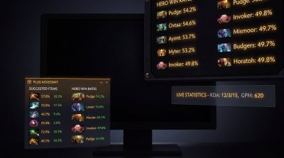 Dota Plus subscription service showing Plus Assistant item suggestions and hero win rate data interface