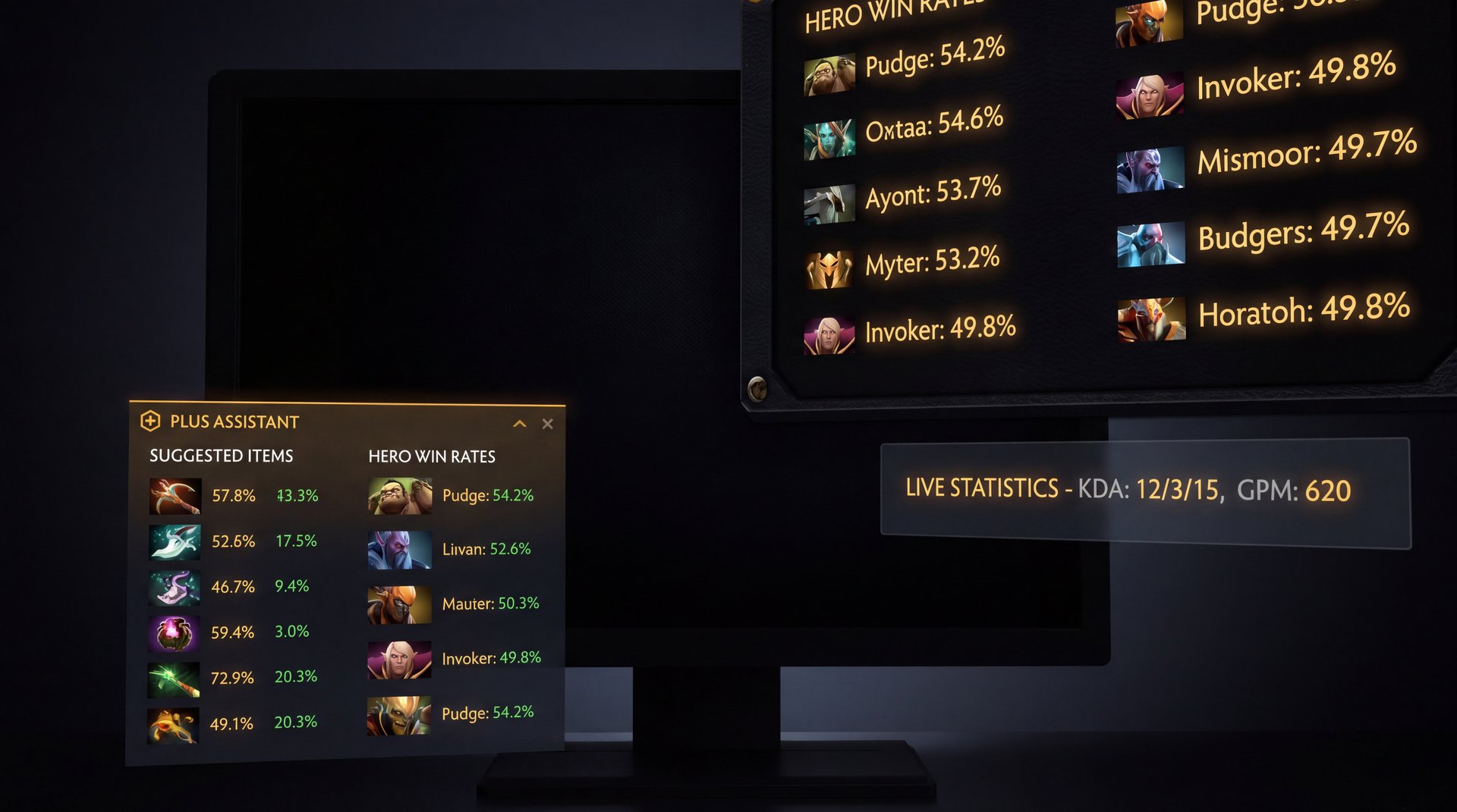 Dota Plus subscription service showing Plus Assistant item suggestions and hero win rate data interface
