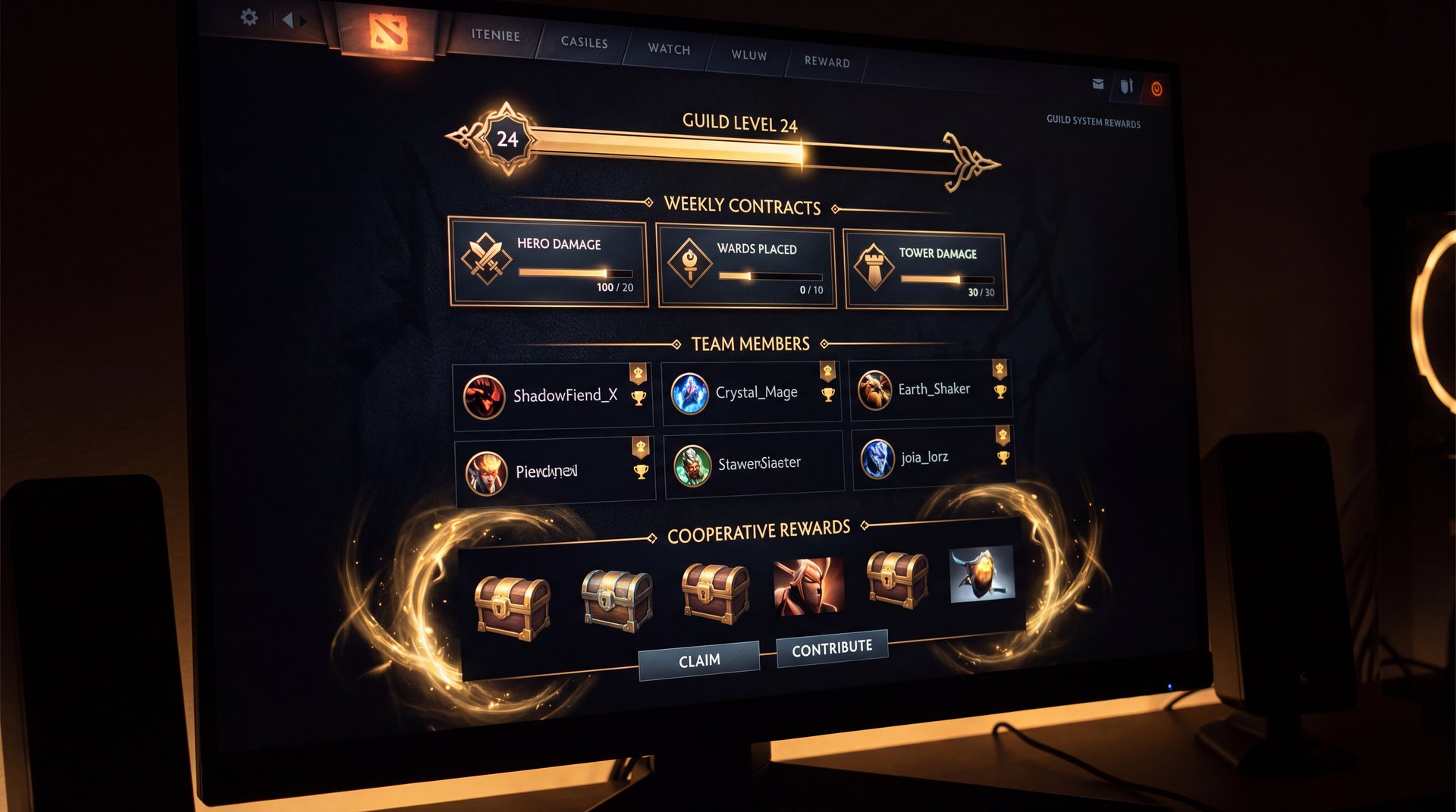 Dota Plus guild system rewards and guild contracts weekly challenges interface