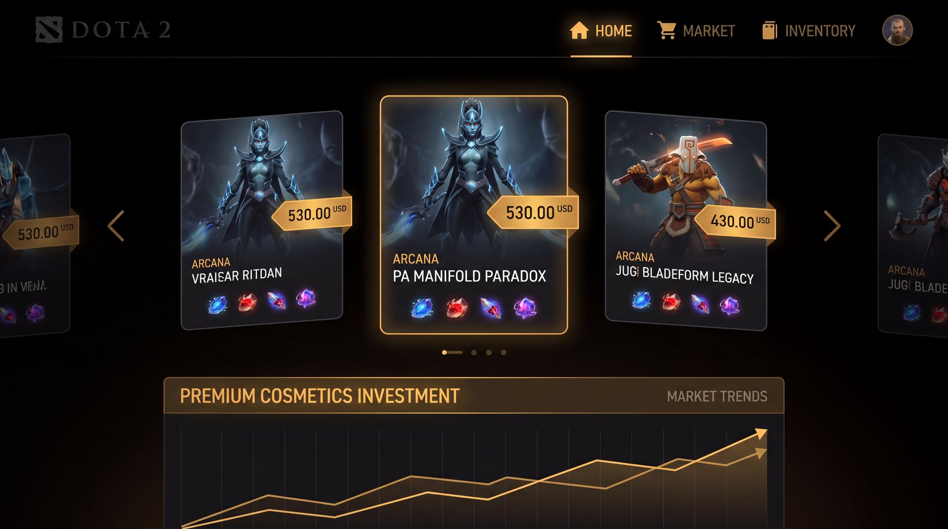 Dota 2 Steam Market arcana trading interface concept