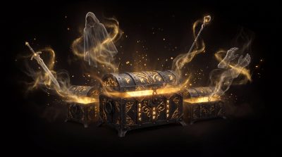 Dota 2 Immortal Treasure chests glowing with golden light and mystical items floating around