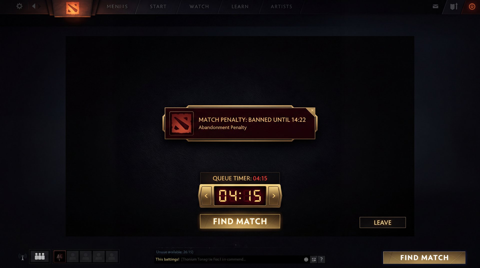 Dota 2 Low Priority match queue timer penalty notification