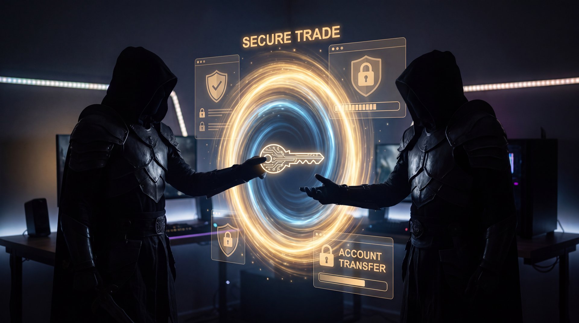 Dota 2 account buying and selling concept with two warriors and secure trade portal