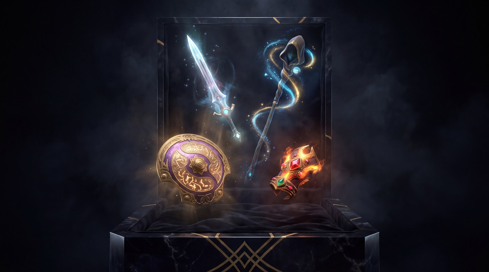 Dota 2 rare cosmetic items Arcana and Immortal glowing in dark void