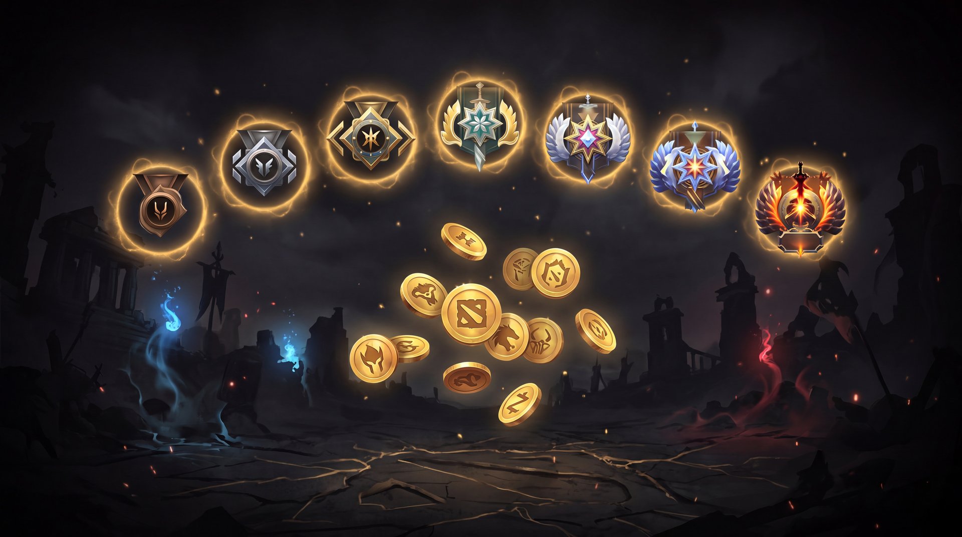 Dota 2 account value calculator showing rank medals and gold coins on dark background