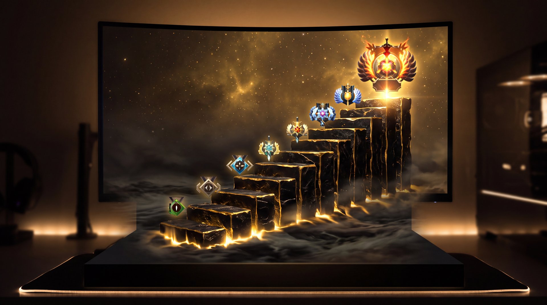 Dota 2 rank tiers ascending staircase from Herald to Immortal with glowing emblems