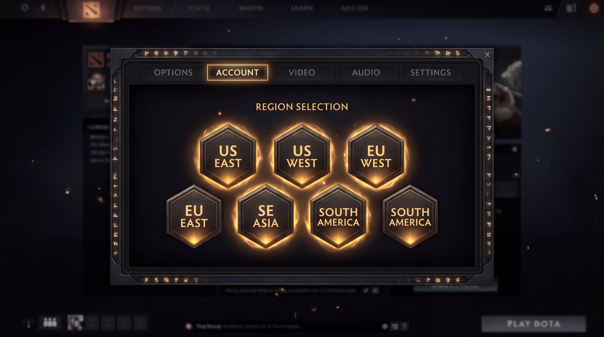 Dota 2 account settings menu showing primary matchmaking region selection dropdown