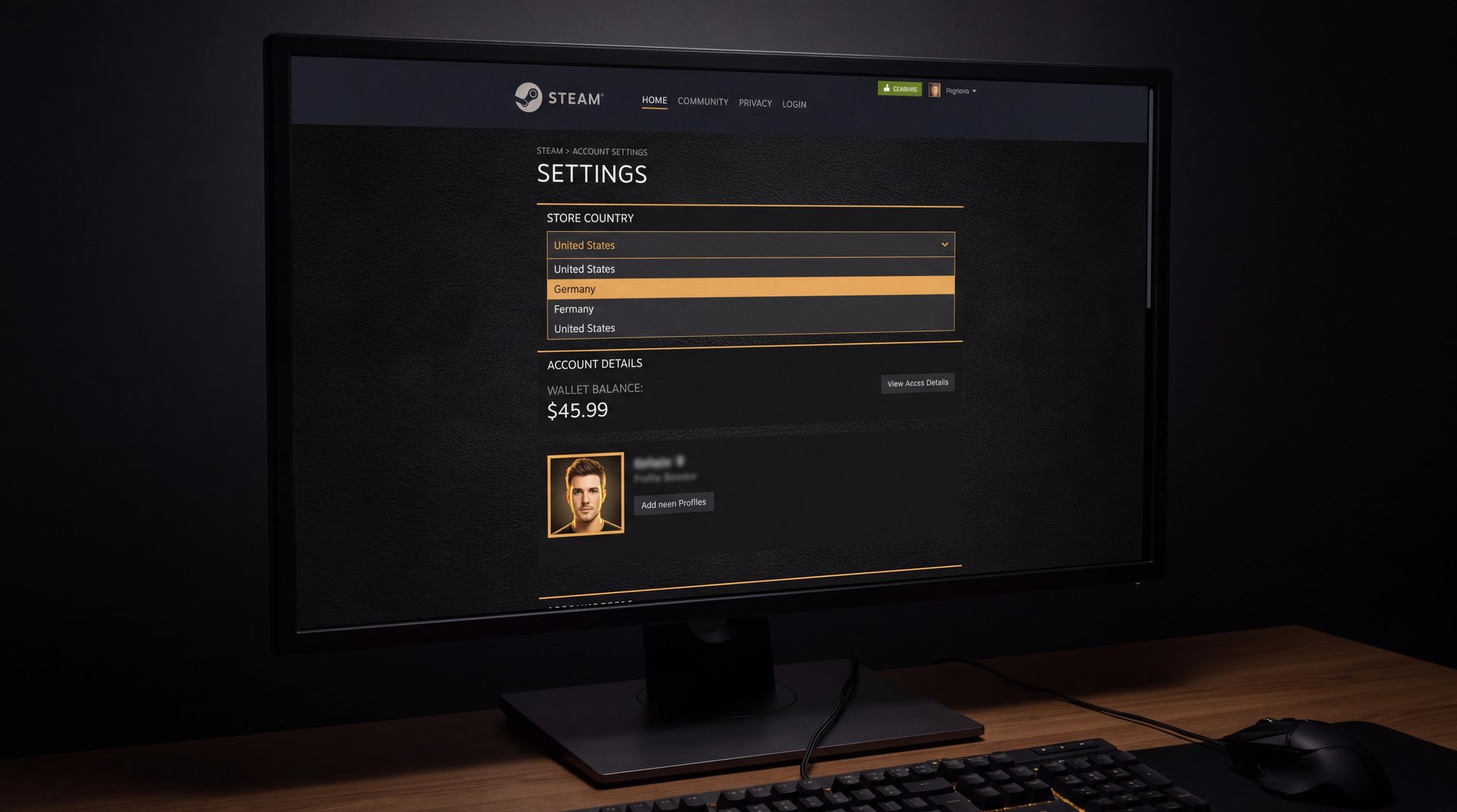 Steam account details page showing store country settings and Dota 2 region configuration options