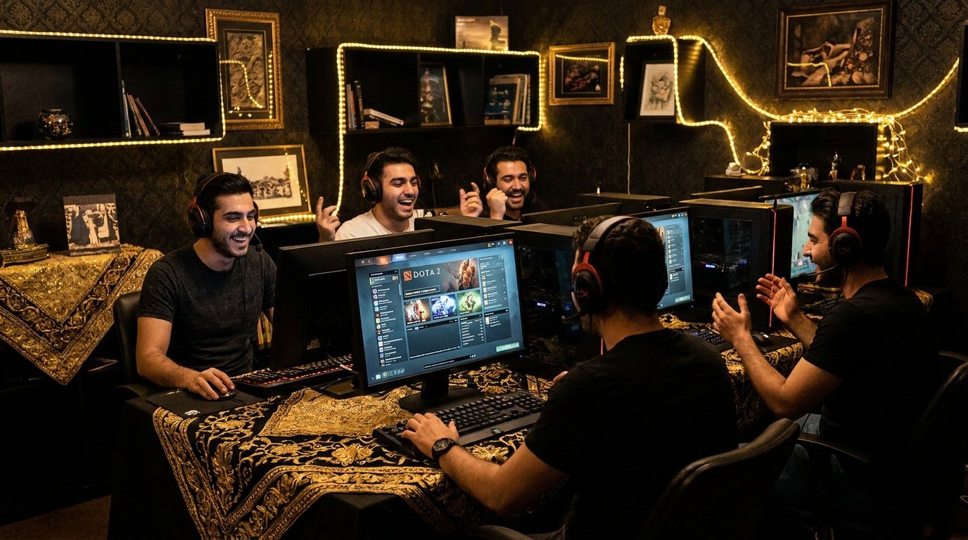 Iranian Persian players enjoying Dota 2 together in gaming setup showing community bond