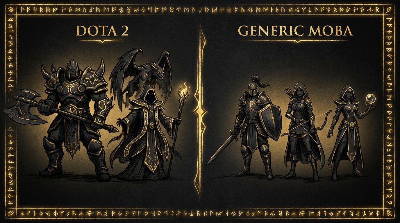 Dota 2 hero silhouette design comparison showing distinct bold hero shapes versus generic MOBA designs